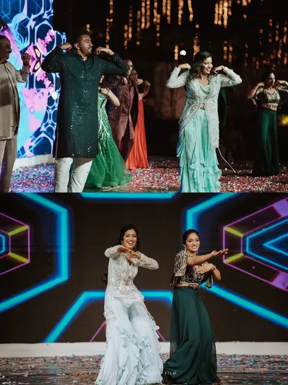 A diptych of Sangeet dance performances, showing the energy of both the men's and women's group dances.