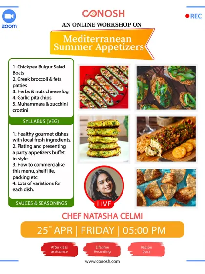 My Mediterranean Summer Appetizers workshop focuses on healthy gourmet dishes using local ingredients. Learn to make Chickpea Bulgur Salad Boats, Greek Broccoli & Feta Patties, and a Herbs & Nuts Cheese Log.