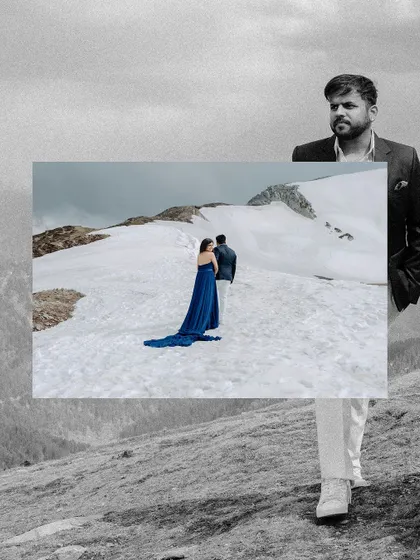 An artistic, layered image from the Kashmir shoot, combining a portrait with a stunning snowscape for a creative effect.