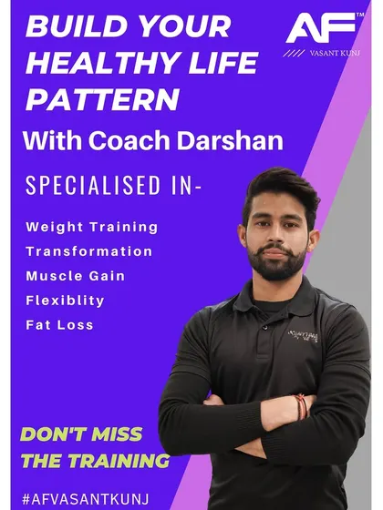 This is Coach Darshan. He specializes in weight training, transformation, and muscle gain, helping clients achieve their strength and aesthetic goals.