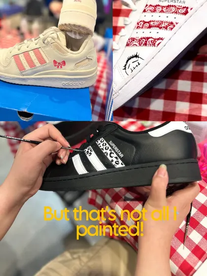I painted so many different designs at the Adidas event. This collage shows a few of them, including a red bandana print, a simple bow design, and the leopard print Superstars.