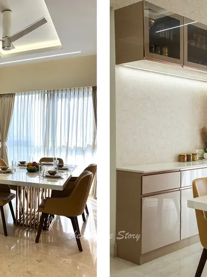 A split view of the dining area, showing the elegant stone-top table and the functional yet stylish crockery unit. The combination of glossy finishes, warm lighting, and neutral tones makes this a perfect space for family meals.