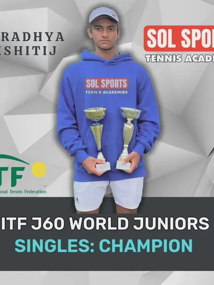 Aradhya Kshitij with his singles and doubles champion trophies from the ITF J60 World Juniors in Mauritius. We focus on developing all-around players who can compete and win in both formats of the game.
