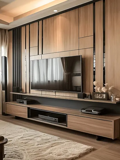 This entertainment unit features a full wall of vertical wood slats with black accents. The long, low-profile console provides ample space for media equipment, creating a sleek and cohesive look.