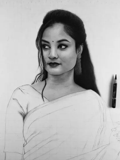 Here you can see the portrait about halfway through. The face is rendered, providing a strong anchor before I start on the clothing and hair.