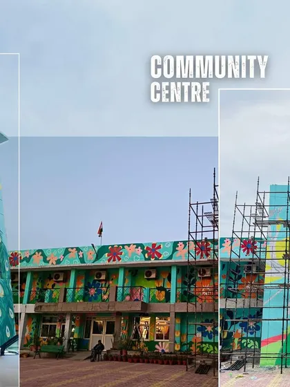A collage showing the Sector 50 community center, including a behind-the-scenes shot of the scaffolding used to paint the massive peacock mural.
