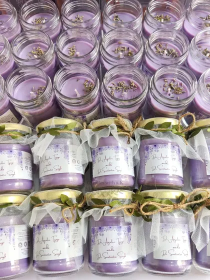 A large order of 175 purple jasmine-scented jar candles, personalized for a wedding in Dehradun.