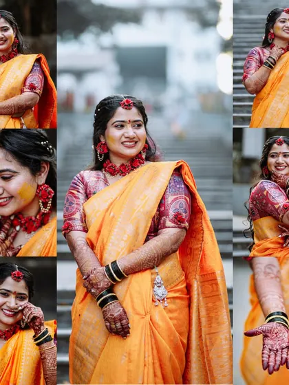 A collage of the bride's Haldi ceremony, featuring various happy and playful portraits.