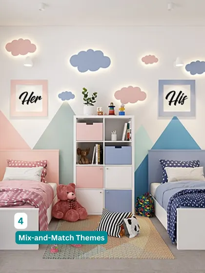 We use mix-and-match themes to give each sibling their own space. This room uses a pink and blue color-blocked design with "His" and "Her" zones.