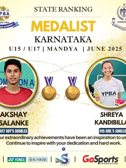 Bronze medalists Akshay Salanke (U17 BD) and Shreya Kandibilla (U15 GS) from the Mandya State Ranking.