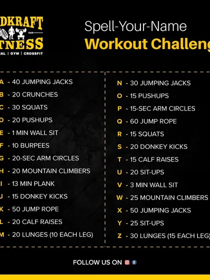 Take the Spell-Your-Name Workout Challenge. Each letter of the alphabet corresponds to a different exercise, creating a personalized and challenging bodyweight routine based on your own name.