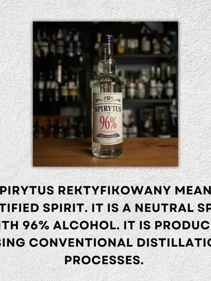 This is Spirytus Rektyfikowany, a rectified spirit with 96% alcohol. We teach our students about high-proof spirits like this, emphasizing their use as a base for infusions and liqueurs, and the importance of handling them safely.