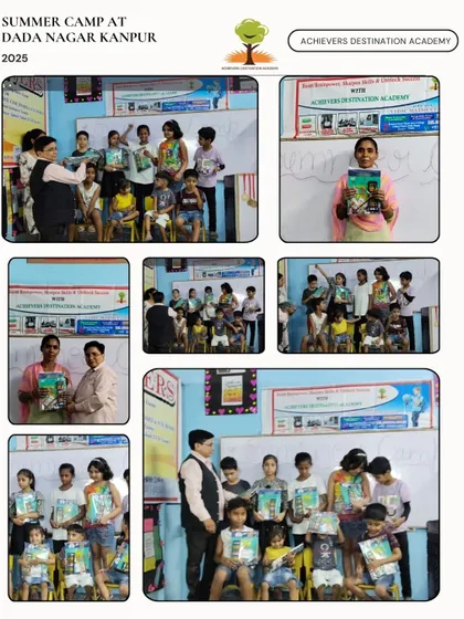 A collage from our successful Summer Camp in Dadanagar, Kanpur. You can see the children proudly holding their books and learning materials, excited to be part of the ADA family.