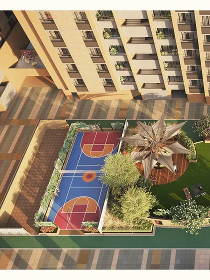 This aerial render illustrates our expertise in spatial planning, seamlessly integrating a multi-sport court and shaded seating areas into the residential layout.