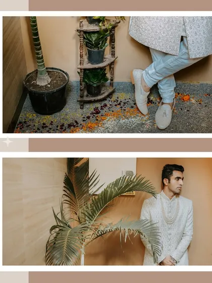 A detailed shot focusing on the groom's attire, from his elegant sherwani to his traditional shoes, capturing the stylish elements of his wedding day look.
