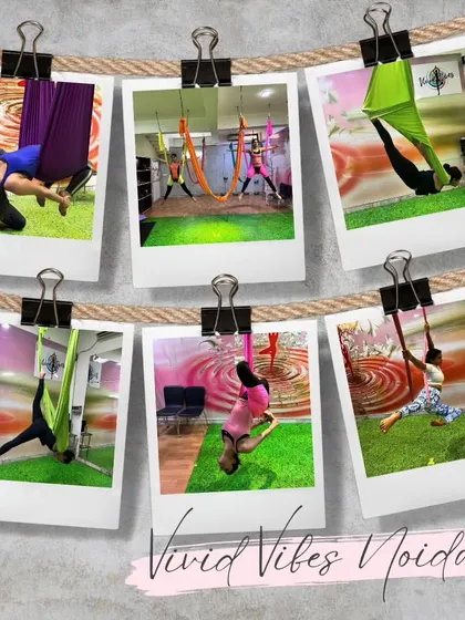 Redefine your limits and find your wings. This collage of polaroids captures the fun, vibrant, and transformative moments from our aerial yoga classes.