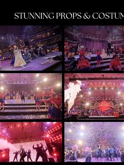 A collage showcasing the key elements of our grand sangeet productions. We bring together stunning props, vibrant costumes, professional dancers, and a variety of special effects like smoke and confetti to create a non-stop 'Tamasha' (spectacle).