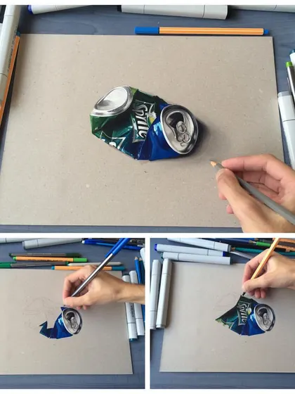 A collage showing the progression of my drawing of a crushed Sprite can. It moves from the initial sketch to the layering of colors and finally the addition of fine details and highlights.