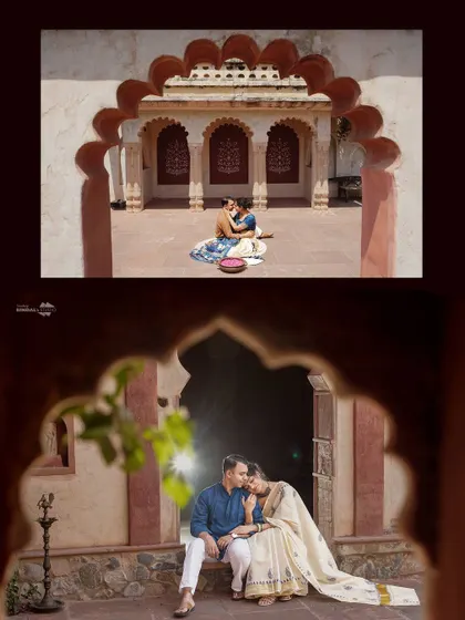 Two beautifully framed shots using archways to create depth and focus. These compositions are perfect for telling a story of intimacy within a grand setting.