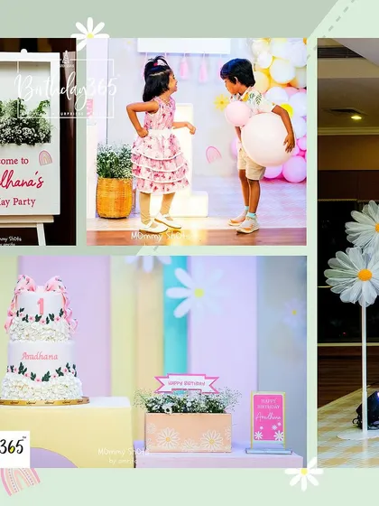 A collage of details from Aradhana's daisy-themed party, including the welcome sign, a custom cake, and large daisy props.
