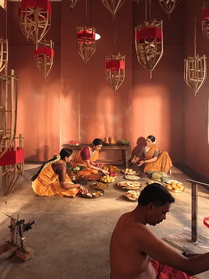 The entire family participates in the pre-wedding rituals. The styling for all characters was done using traditional textiles to create a cohesive and authentic visual narrative.