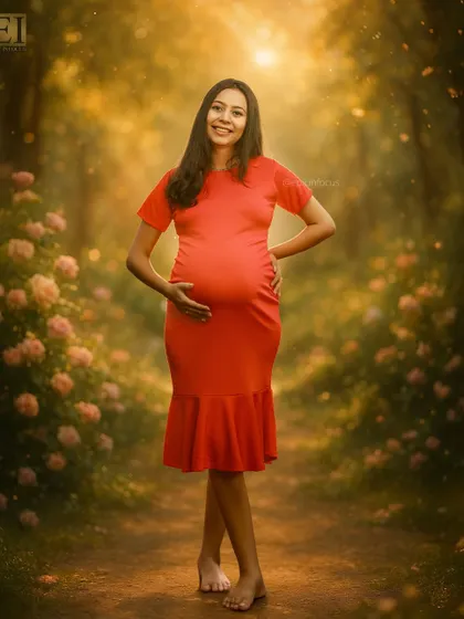 A modern look with a simple, fitted red dress in a magical, glowing forest setting.