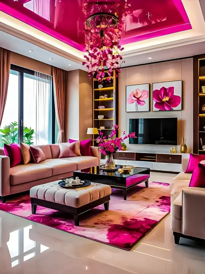 In this vibrant living room, I designed the TV unit and surrounding shelving to complement the bold decor. The unit provides storage while the open, backlit shelves are perfect for displaying personal treasures.
