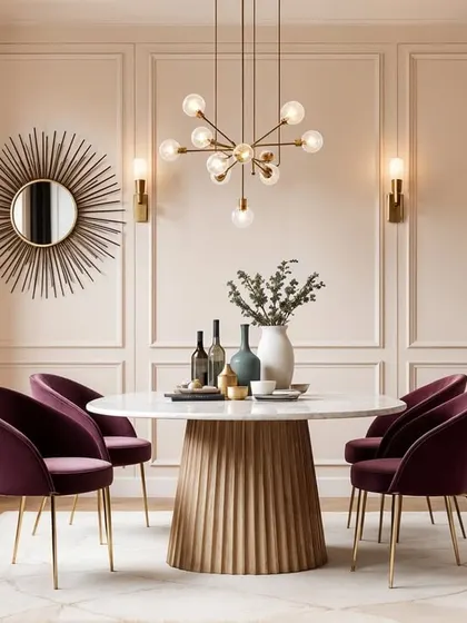 This render shows a softer, more elegant purple dining room. The velvet chairs provide a pop of color against the neutral paneled walls and the modern sputnik chandelier.