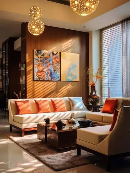 A cozy living room with warm wood tones and soft lighting from the blinds. The colorful abstract art adds a vibrant touch to the otherwise neutral space.