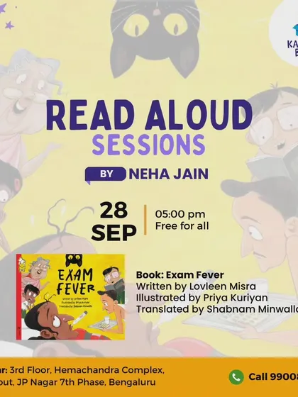 An announcement for a free read-aloud session of 'Exam Fever' with me, Neha. I love hosting these sessions to connect directly with our community and share a good story.