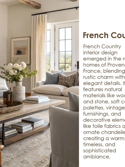 Exploring French Country design, which blends rustic charm with elegant details. This style features natural materials like wood and stone, soft color palettes, and vintage furnishings.