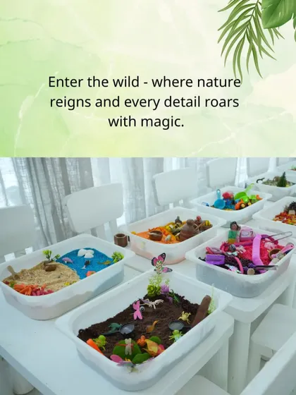 Sensory play is at the heart of our kids' parties. These individual sensory bins, filled with sand, soil, and tiny animal figures, provided hours of imaginative fun for the little explorers at this jungle-themed event.