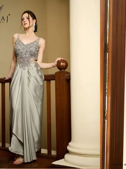 A full view of the metallic grey draped crop top lehenga, a statement piece for the modern diva.