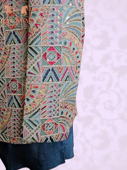Another angle of the multi-colored Indo-Western jacket, showcasing its unique and artistic design.