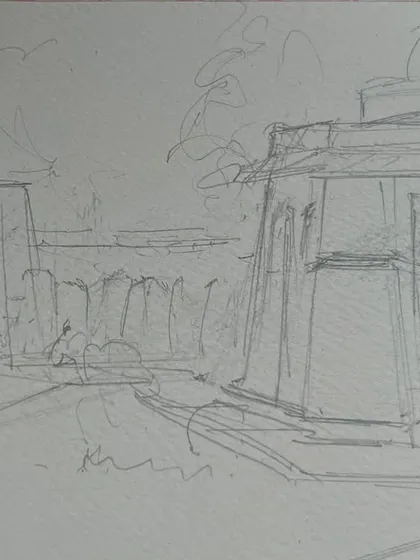 The initial pencil drawing for the Tomb of Sikander Lodhi sketch. This beautiful tomb is one I plan to revisit and sketch again in warmer weather.