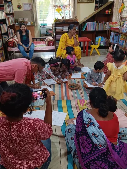 A wide shot of the drawing activity, capturing the communal and creative spirit of our library.