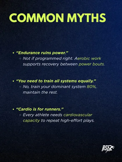 I debunk common myths about energy systems. For example, endurance work doesn't ruin power if programmed correctly; it actually supports recovery between power bouts.