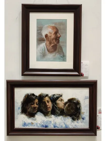 Receiving The Art Society of India's award for Best Entry at Jehangir Art Gallery. My two awarded paintings, "Self Conversation" and "Grandfather," are shown here.