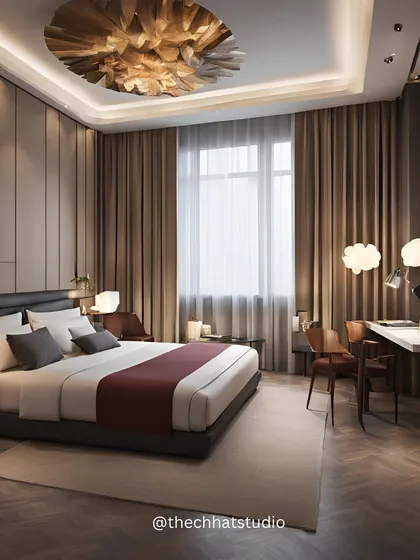 For this hotel room in Amritsar, the focus was on creating a restful retreat. The design features a stunning ceiling light fixture that acts as a centerpiece, while warm tones and soft, dimmable lighting invite serenity and relaxation.