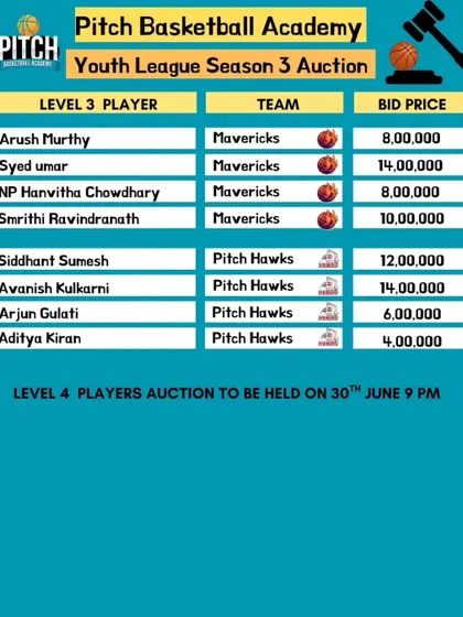 More results from the Level 3 auction, showing the players picked up by the Mavericks and Pitch Hawks.