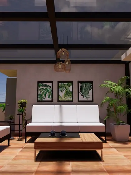 3D render of a covered terrace seating area. The glass pergola provides protection from the elements while allowing for plenty of light, creating a comfortable and stylish space with a view.