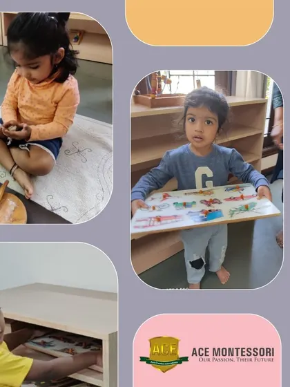 A collage showcasing various learning moments, from practical life skills like preparing food to working with puzzles. Each activity is chosen to foster independence and a love for discovery.