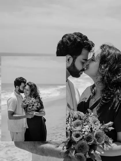 An artistic black and white collage of a couple's romantic moments on the beach.