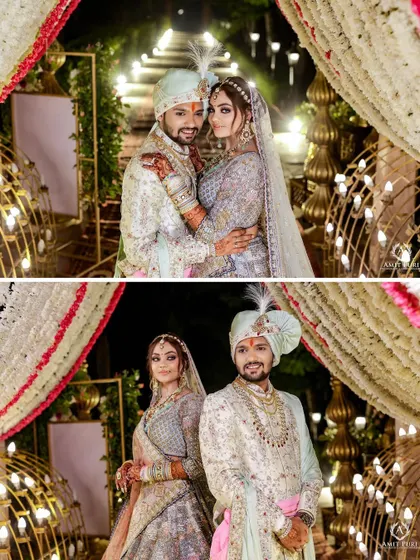 A beautiful portrait of the couple under a canopy of lights. The warm lighting and their coordinated outfits create a romantic and magical atmosphere.