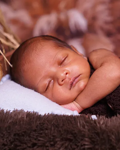 A close-up of the baby's peaceful face in the woodland theme. The soft fur and gentle lighting make for a dreamy portrait.