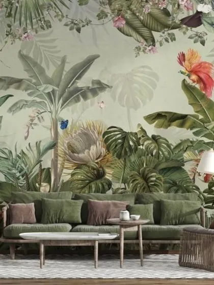 This living room is transformed into a lush paradise with a wallpaper featuring a variety of green tropical plants and colorful flowers.