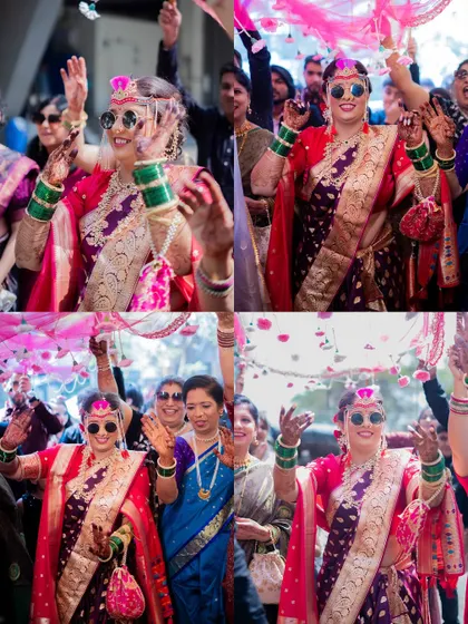 A fun and energetic collage of the bride making a grand, dancing entrance at her wedding, full of joy and celebration.