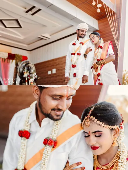 A collage of romantic portraits of Mythresh and Teja. The close up shot beautifully captures their gentle connection.
