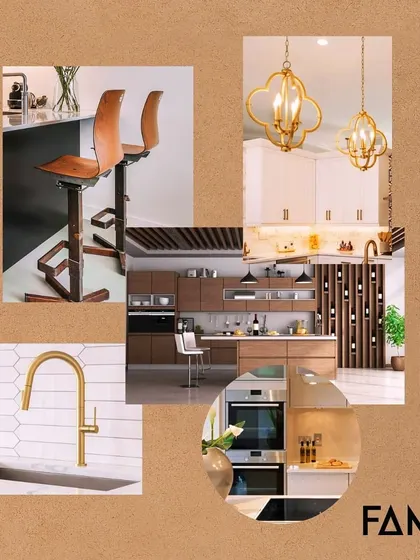 This mood board captures the essence of a luxurious kitchen, combining rich wooden accents, lavish gold hardware, and elegant bar seating. It is where sophistication meets grandeur in every detail.