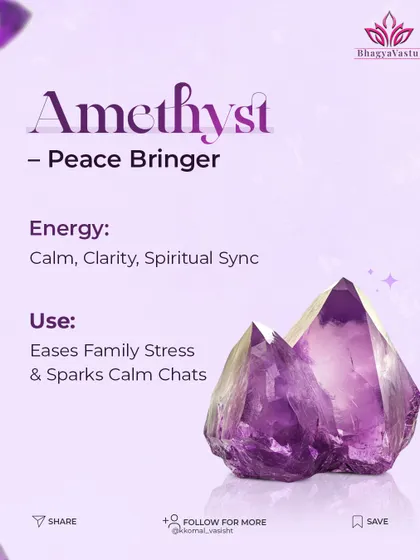 Amethyst is a 'Peace Bringer' crystal that promotes calm, clarity, and spiritual sync. Placing it in your home can help ease family stress and spark calm, meaningful conversations, creating a tranquil environment.